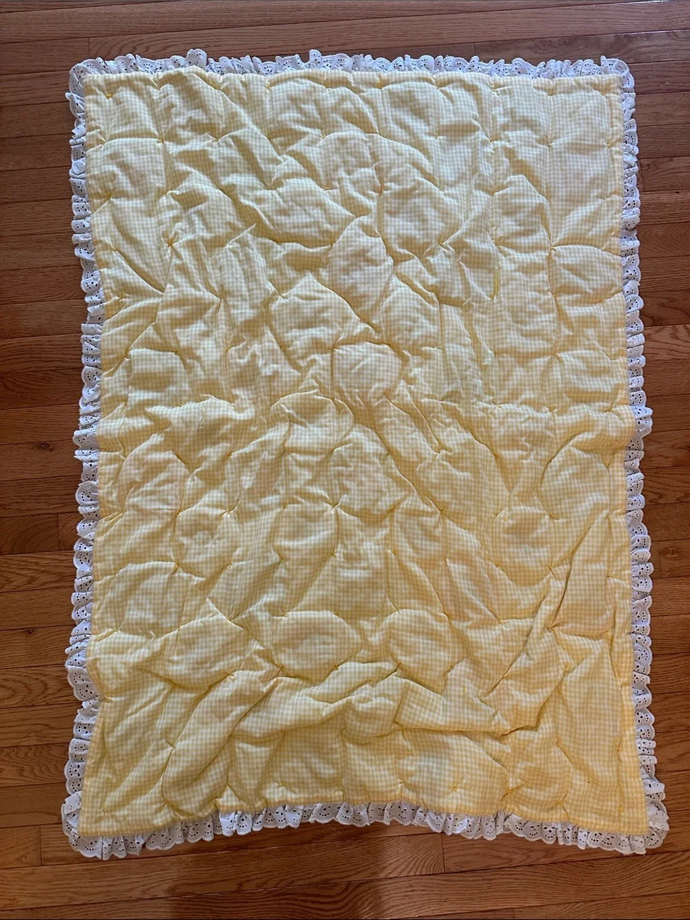 Handmade baby, toddler ABCs embroidered quilt with yellow gingham backing, 1979